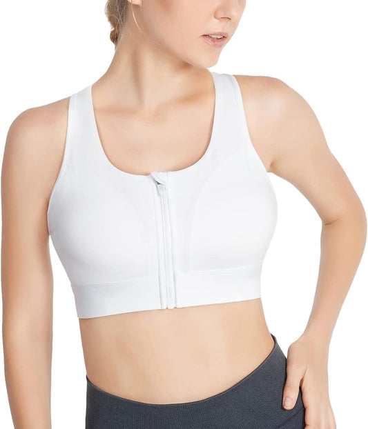 High Impact Sports Bras for Women Gym,Front Zipper Closure Padded Insert Mesh New Yoga Bras for Workout Active Sport(White Small)