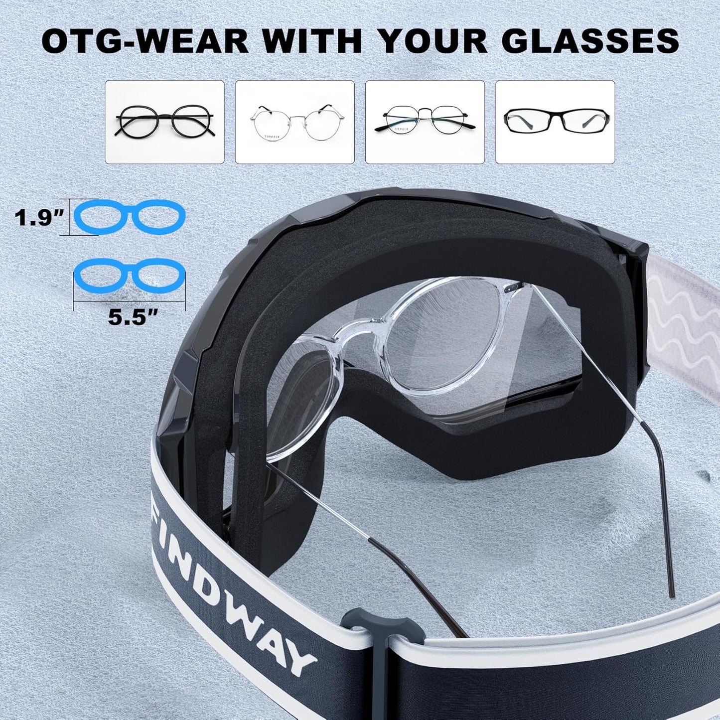 Ski Goggles OTG - over Glasses Snow/Snowboard Goggles for Men, Women & Youth - 100% UV Protection