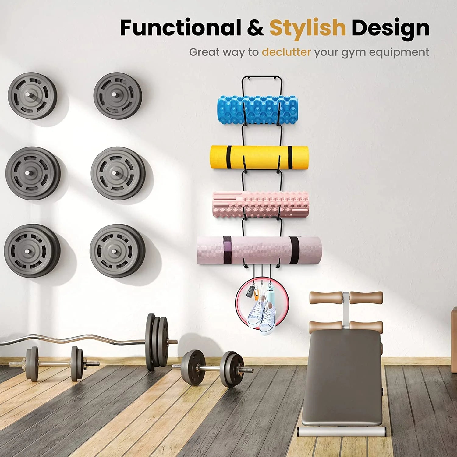 Yoga Mat Holder Wall Mount, Foam Roller Rack with 3 Hooks, 4 Sectional Metal Yoga Mat Storage